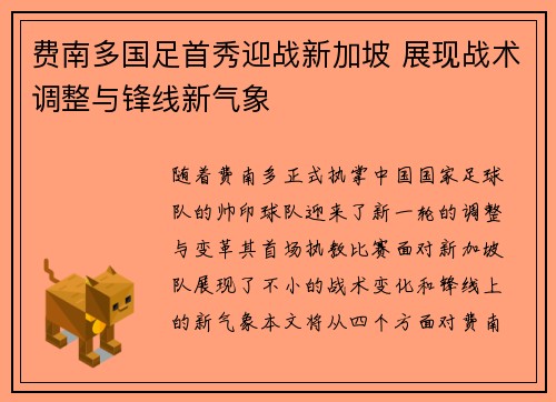 费南多国足首秀迎战新加坡 展现战术调整与锋线新气象